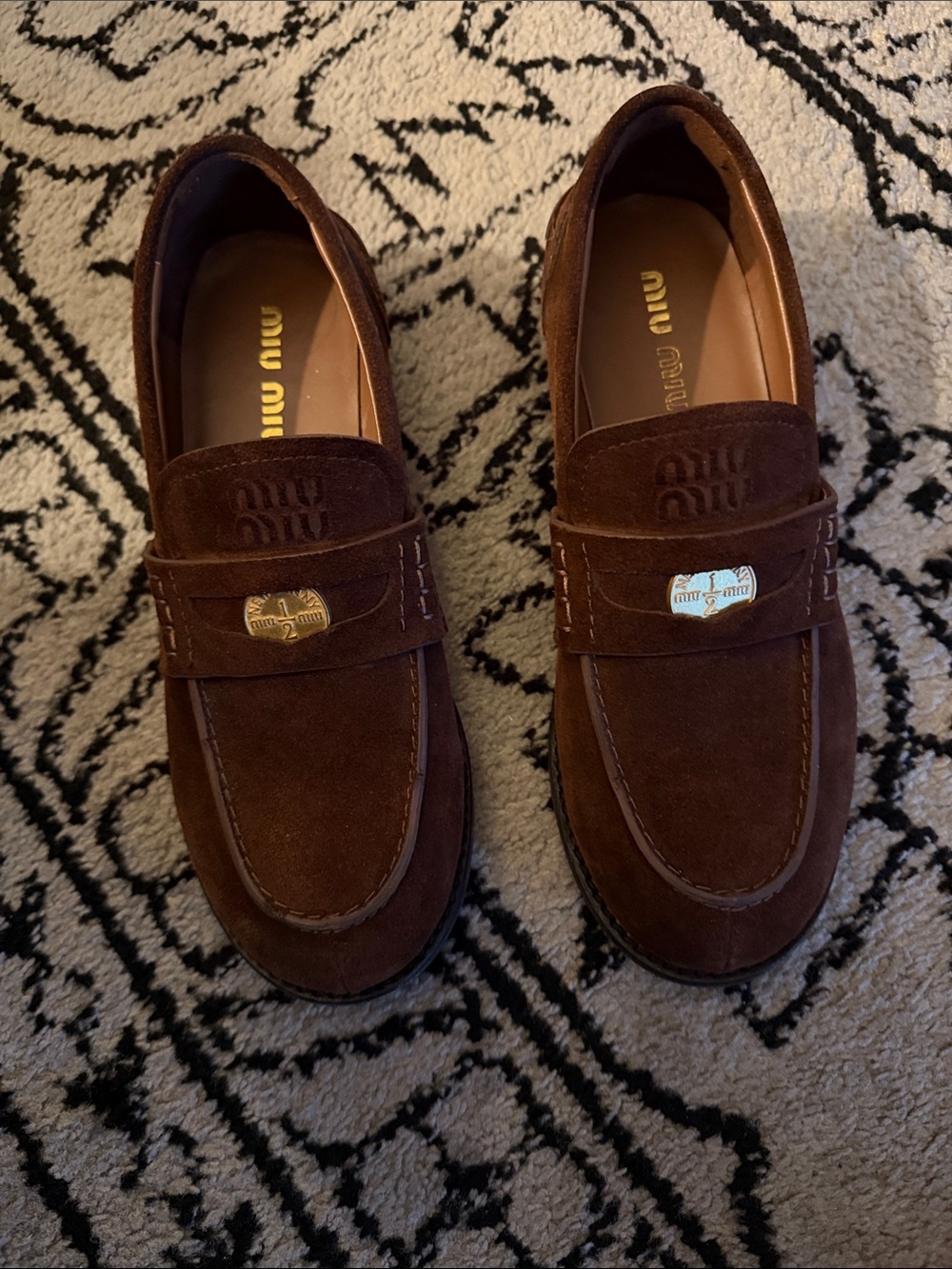 Miu Miu Brown Suede Penny Loafers with Gold-Tone coin plaque 39